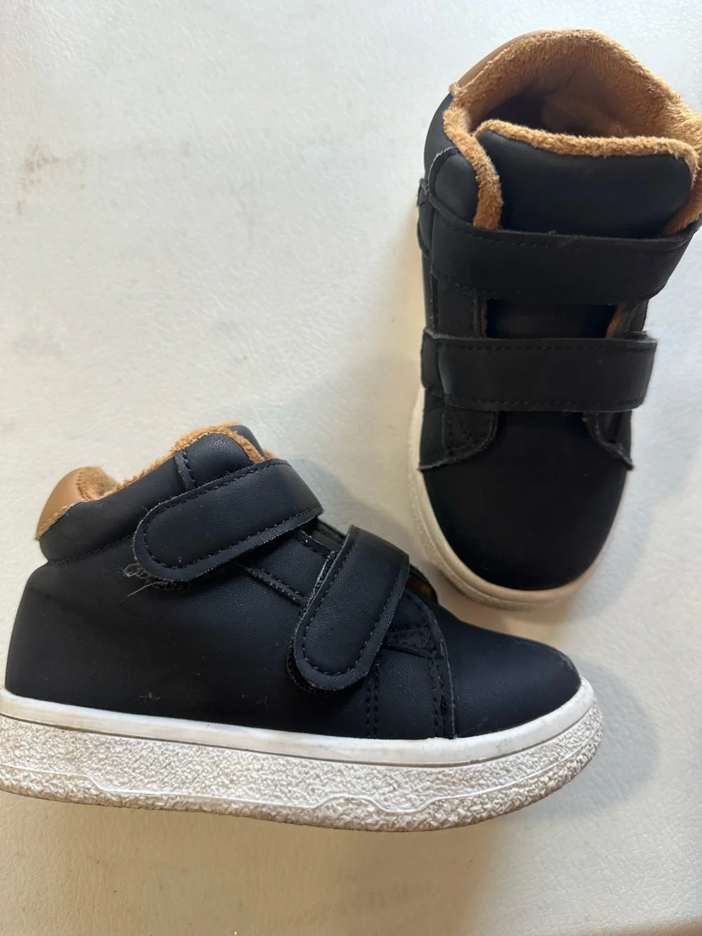 Kids Black High-Top Velcro boots with Tan Lining